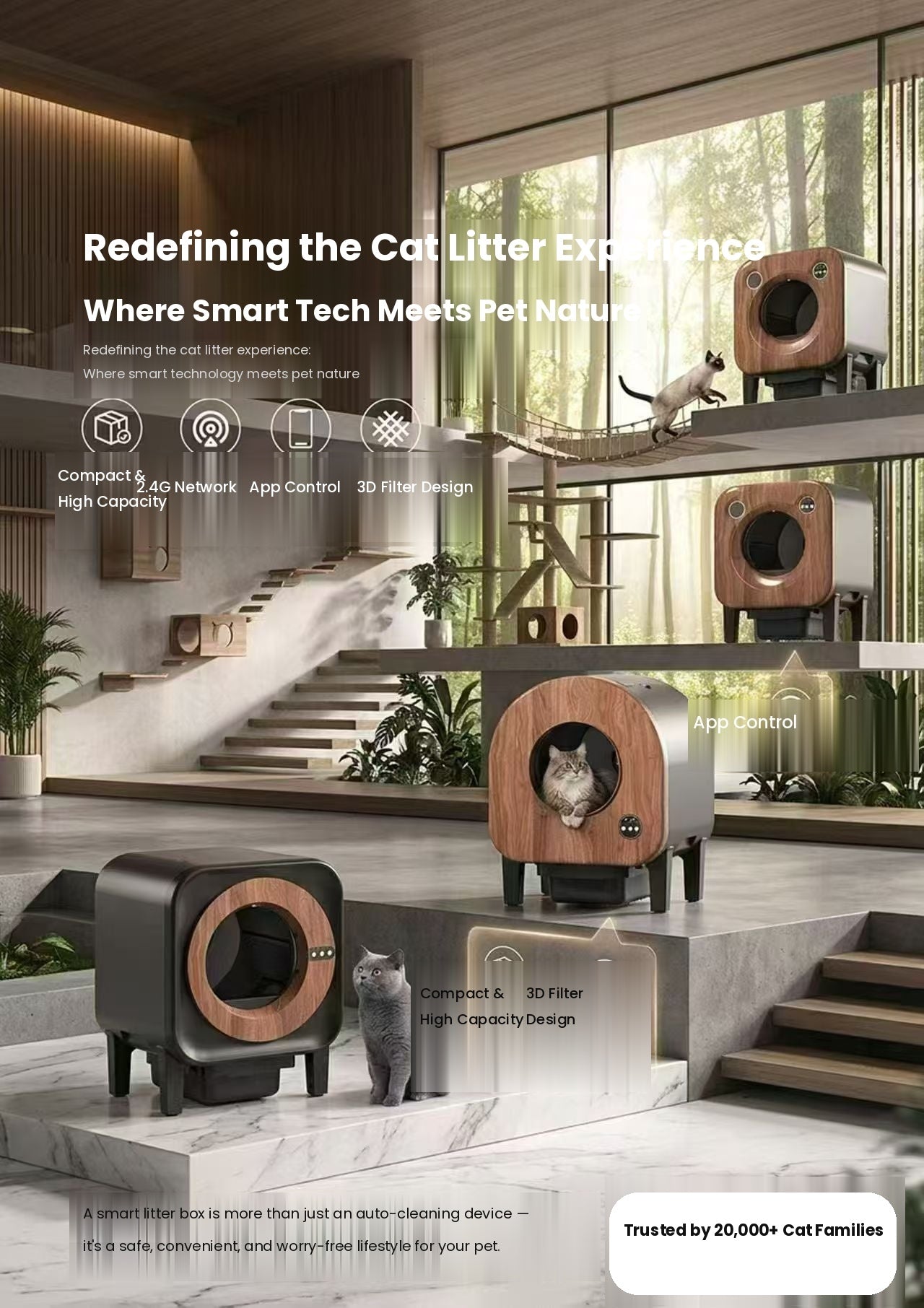 Intelligente, selbstreinigende Katzentoilette | Rundes Holzring-Design mit Kamera & Geruchsentfernung