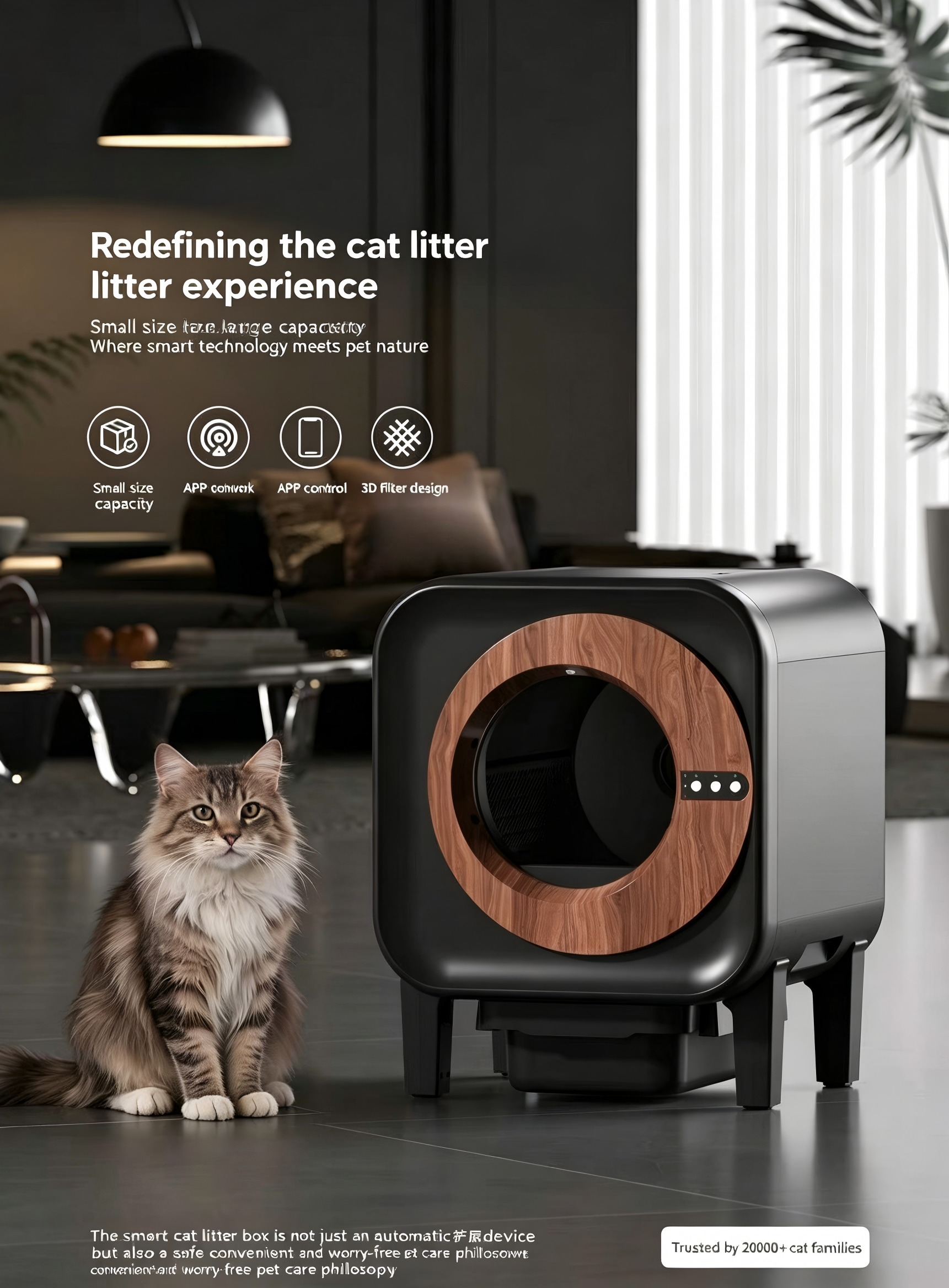 Intelligente, selbstreinigende Katzentoilette | Rundes Holzring-Design mit Kamera & Geruchsentfernung