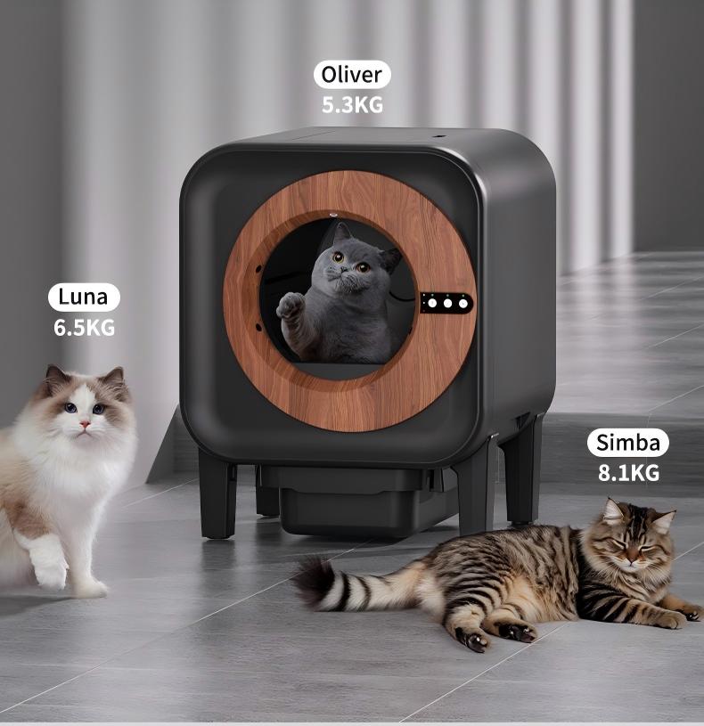 Smart Self-Cleaning Cat Litter Box | Round Wood-Ring Design with Camera & Odor Removal