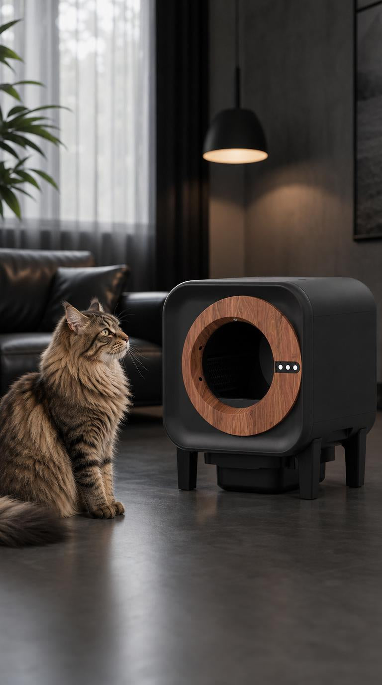 Selbstreinigende Katzentoilette | Rundes Holzring-Design mit Kamera & Geruchsentfernung