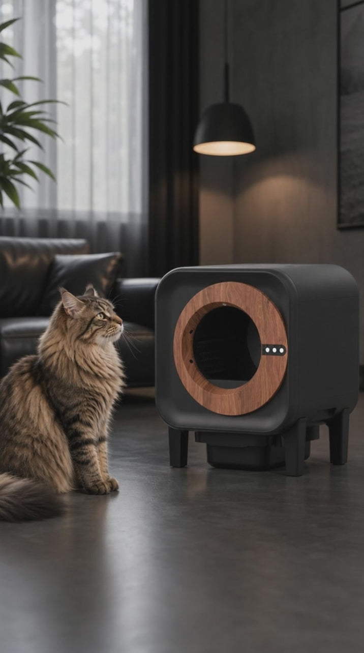 Selbstreinigende Katzentoilette | Rundes Holzring-Design mit Kamera & Geruchsentfernung